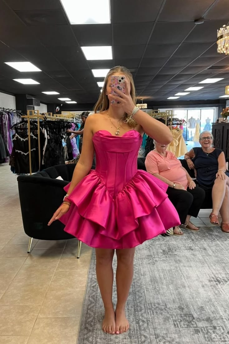 Sweetheart Pink Satin Layered Homecoming Dress  J11618