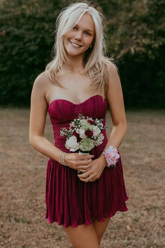 Sweetheart Pleated Burgundy Homecoming Dress J10753