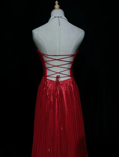Sweetheart Pleated Red A Line Formal Prom Dress Wedding Guest Dress  J11883