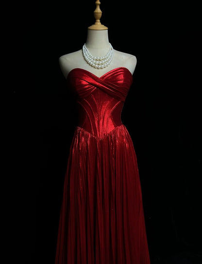 Sweetheart Pleated Red A Line Formal Prom Dress Wedding Guest Dress  J11883