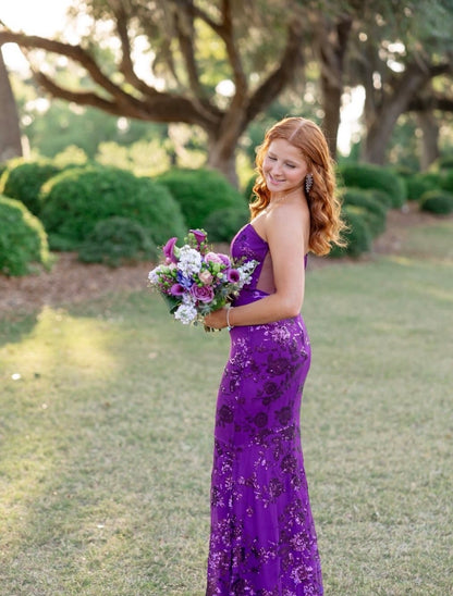 Robe de bal bustier violette en satin avec appliques, robe de soirée formelle J9413