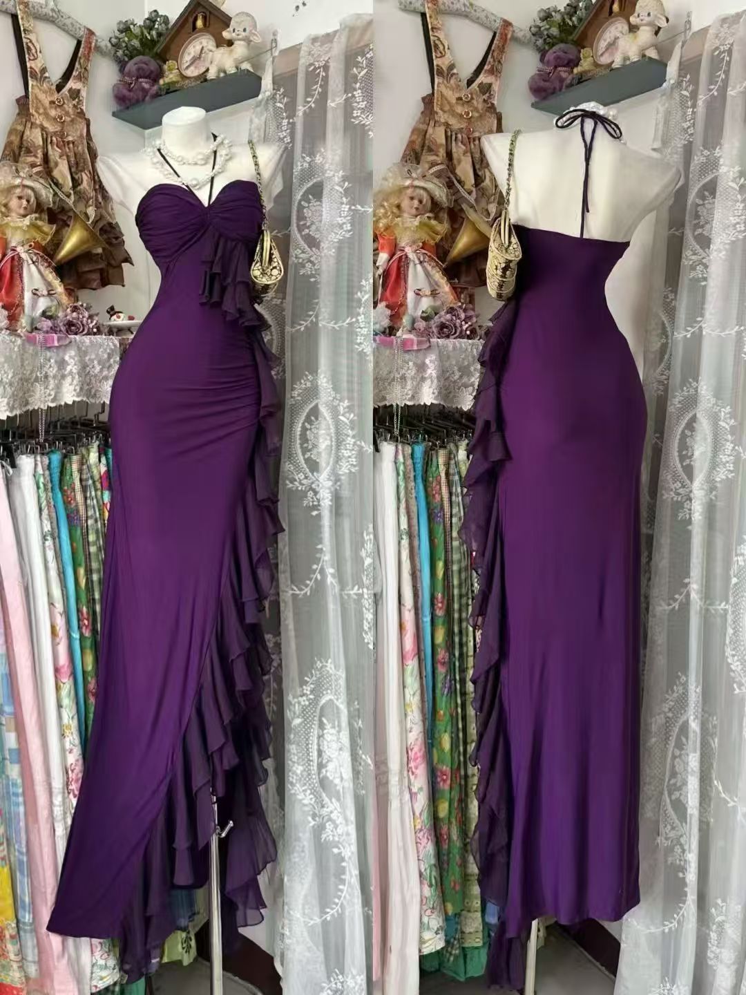 Robe de bal bustier violette en satin avec appliques, robe de soirée formelle J9413