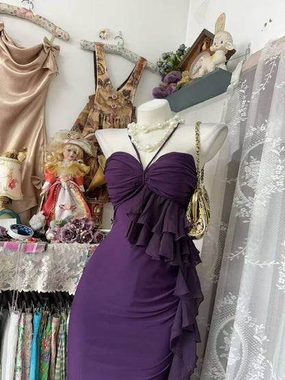 Robe de bal bustier violette en satin avec appliques, robe de soirée formelle J9413