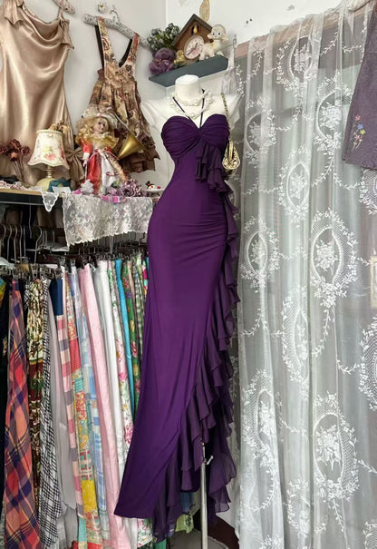 Robe de bal bustier violette en satin avec appliques, robe de soirée formelle J9413