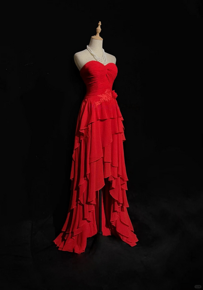 Sweetheart Red A Line Chiffon Layered Prom Dress With Appliques J9748