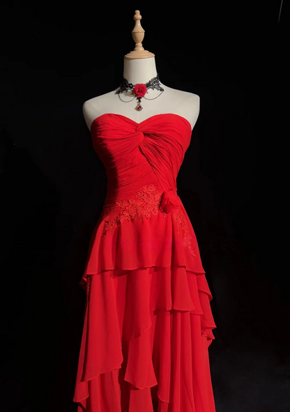 Sweetheart Red A Line Chiffon Layered Prom Dress With Appliques J9748