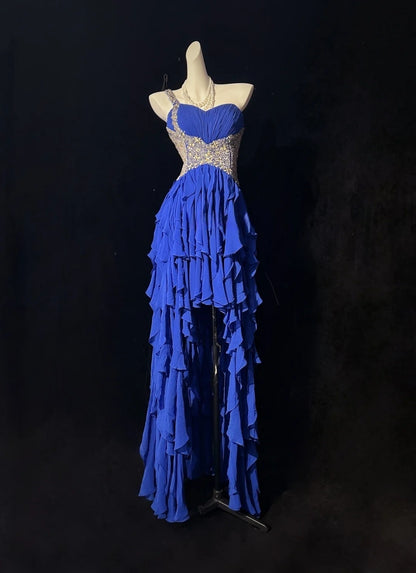 Sweetheart Royal Blue Chiffon Prom Dress Ruffled Birthday Dress  J10574