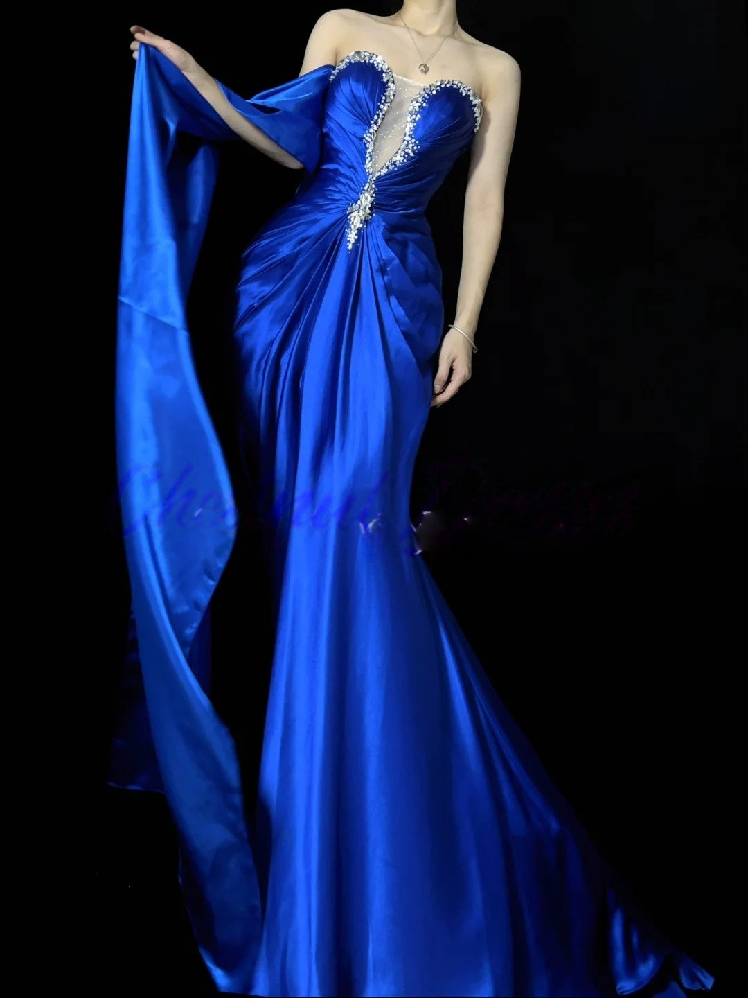 Sweetheart Royal Blue Mermaid Prom Dress Beaded Satin Gown J10180