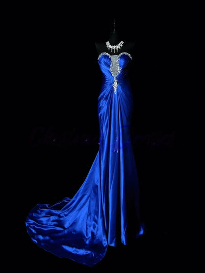 Sweetheart Royal Blue Mermaid Prom Dress Beaded Satin Gown J10180