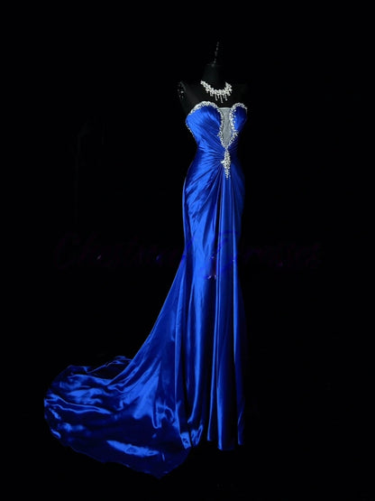 Sweetheart Royal Blue Mermaid Prom Dress Beaded Satin Gown J10180