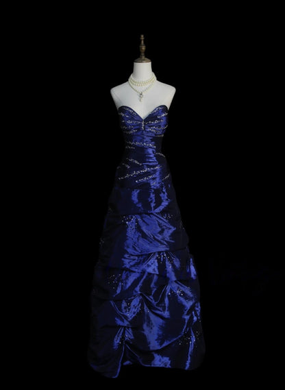 Trägerloses silbernes Vintage-Abendkleid, A-Linie, Geburtstagskleid J9370