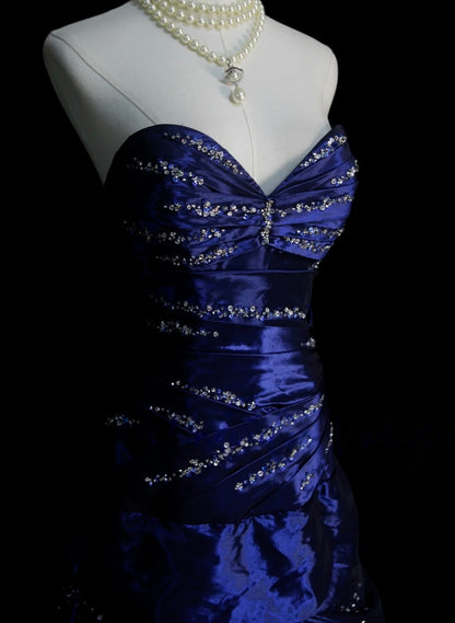Trägerloses silbernes Vintage-Abendkleid, A-Linie, Geburtstagskleid J9370