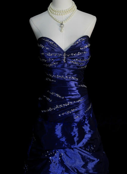 Trägerloses silbernes Vintage-Abendkleid, A-Linie, Geburtstagskleid J9370
