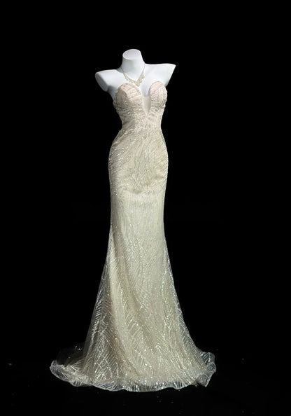 Trägerloses silbernes Vintage-Abendkleid, A-Linie, Geburtstagskleid J9370