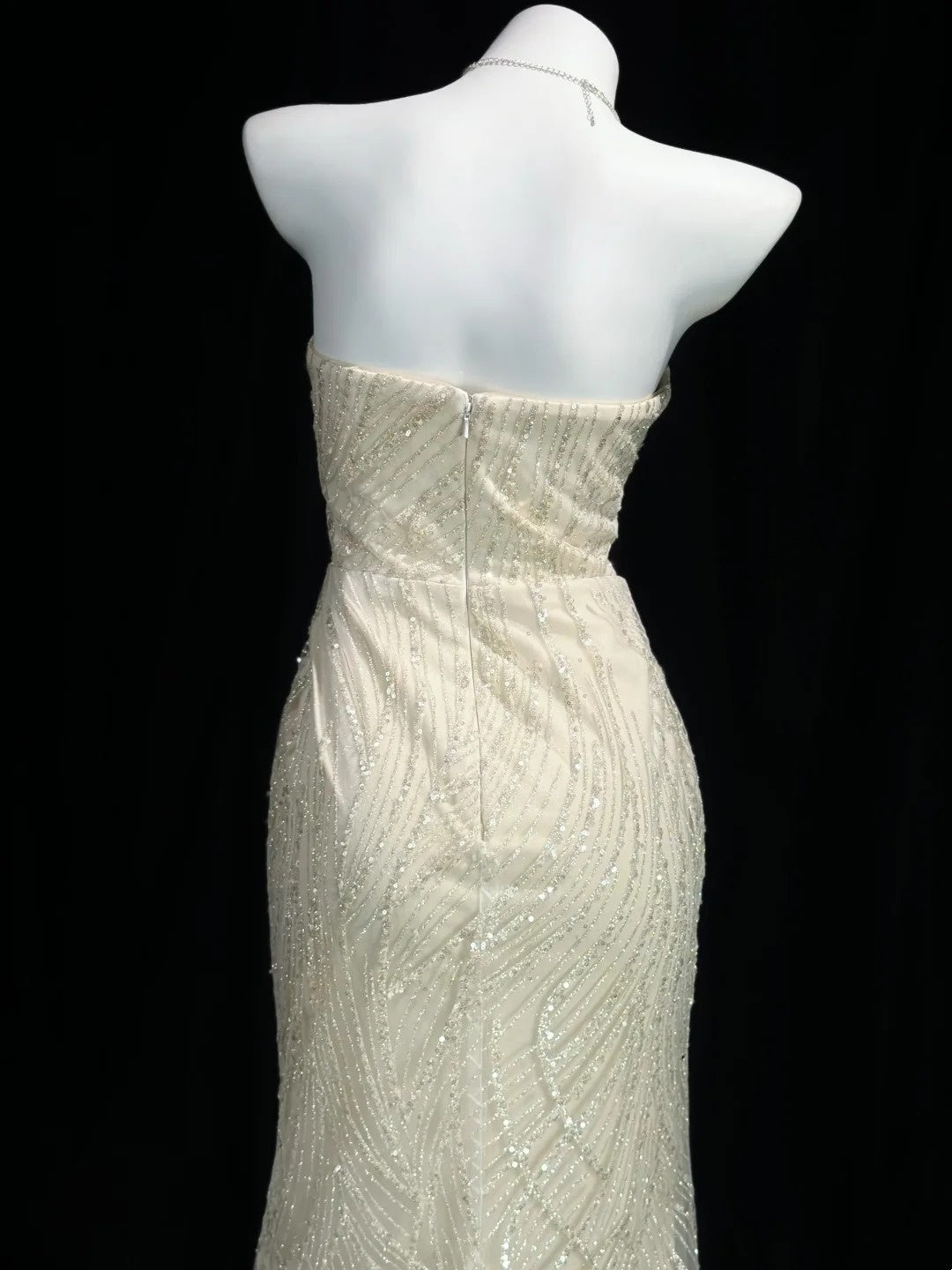 Trägerloses silbernes Vintage-Abendkleid, A-Linie, Geburtstagskleid J9370