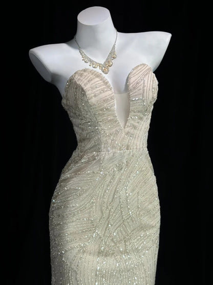Trägerloses silbernes Vintage-Abendkleid, A-Linie, Geburtstagskleid J9370