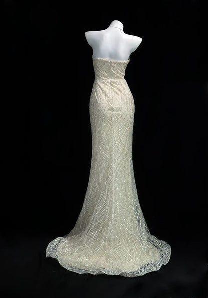 Trägerloses silbernes Vintage-Abendkleid, A-Linie, Geburtstagskleid J9370