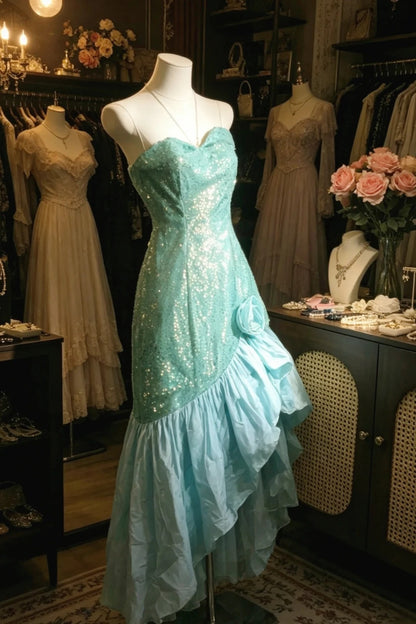 Trägerloses silbernes Vintage-Abendkleid, A-Linie, Geburtstagskleid J9370