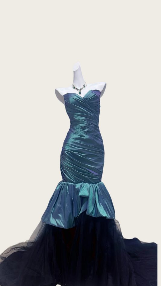 Trägerloses silbernes Vintage-Abendkleid, A-Linie, Geburtstagskleid J9370