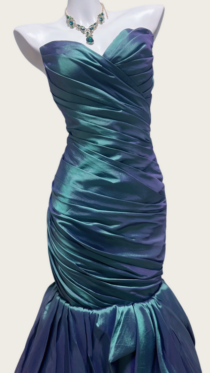 Trägerloses silbernes Vintage-Abendkleid, A-Linie, Geburtstagskleid J9370