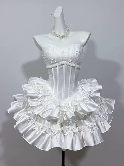 Trägerloses silbernes Vintage-Abendkleid, A-Linie, Geburtstagskleid J9370