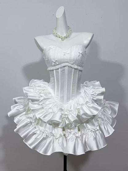 Trägerloses silbernes Vintage-Abendkleid, A-Linie, Geburtstagskleid J9370