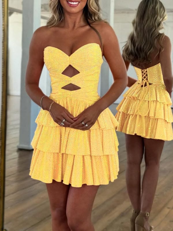 Sweetheart Yellow Satin Layered Homecoming Dress  J10715