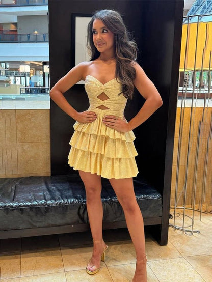 Sweetheart Yellow Satin Layered Homecoming Dress  J10715