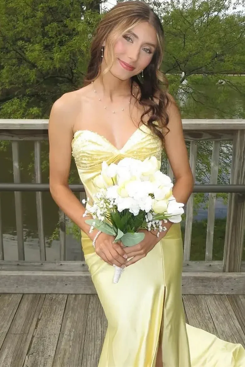Sweetheart Yellow Strapless Mermaid Long Prom Dress With Slit J9758