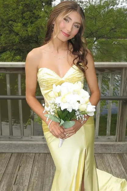 Sweetheart Yellow Strapless Mermaid Long Prom Dress With Slit J9758