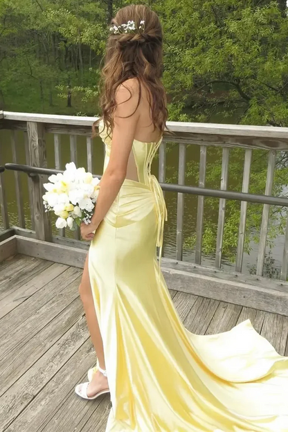 Sweetheart Yellow Strapless Mermaid Long Prom Dress With Slit J9758