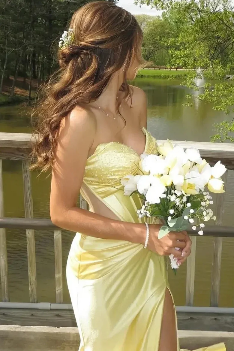 Sweetheart Yellow Strapless Mermaid Long Prom Dress With Slit J9758