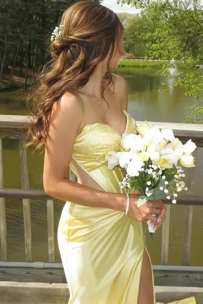 Sweetheart Yellow Strapless Mermaid Long Prom Dress With Slit J9758