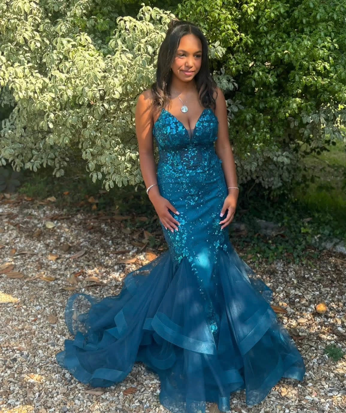 Teal Tulle Mermaid Formal Dress Sequins Appliques Prom Gown  J11802