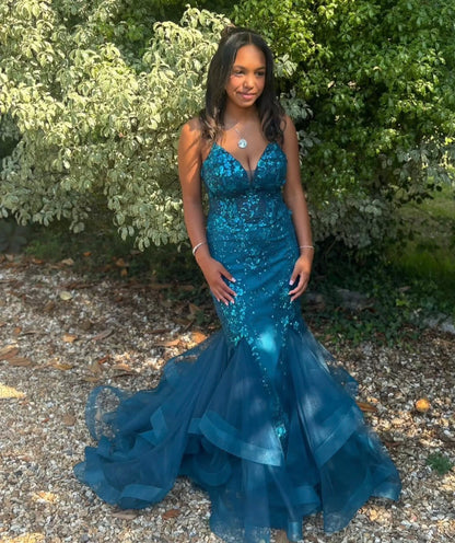 Teal Tulle Mermaid Formal Dress Sequins Appliques Prom Gown  J11802