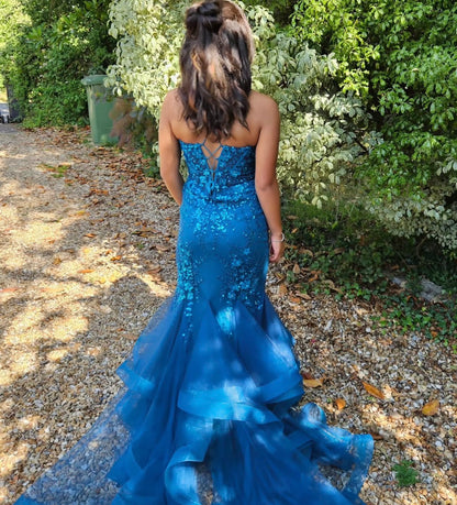 Teal Tulle Mermaid Formal Dress Sequins Appliques Prom Gown  J11802