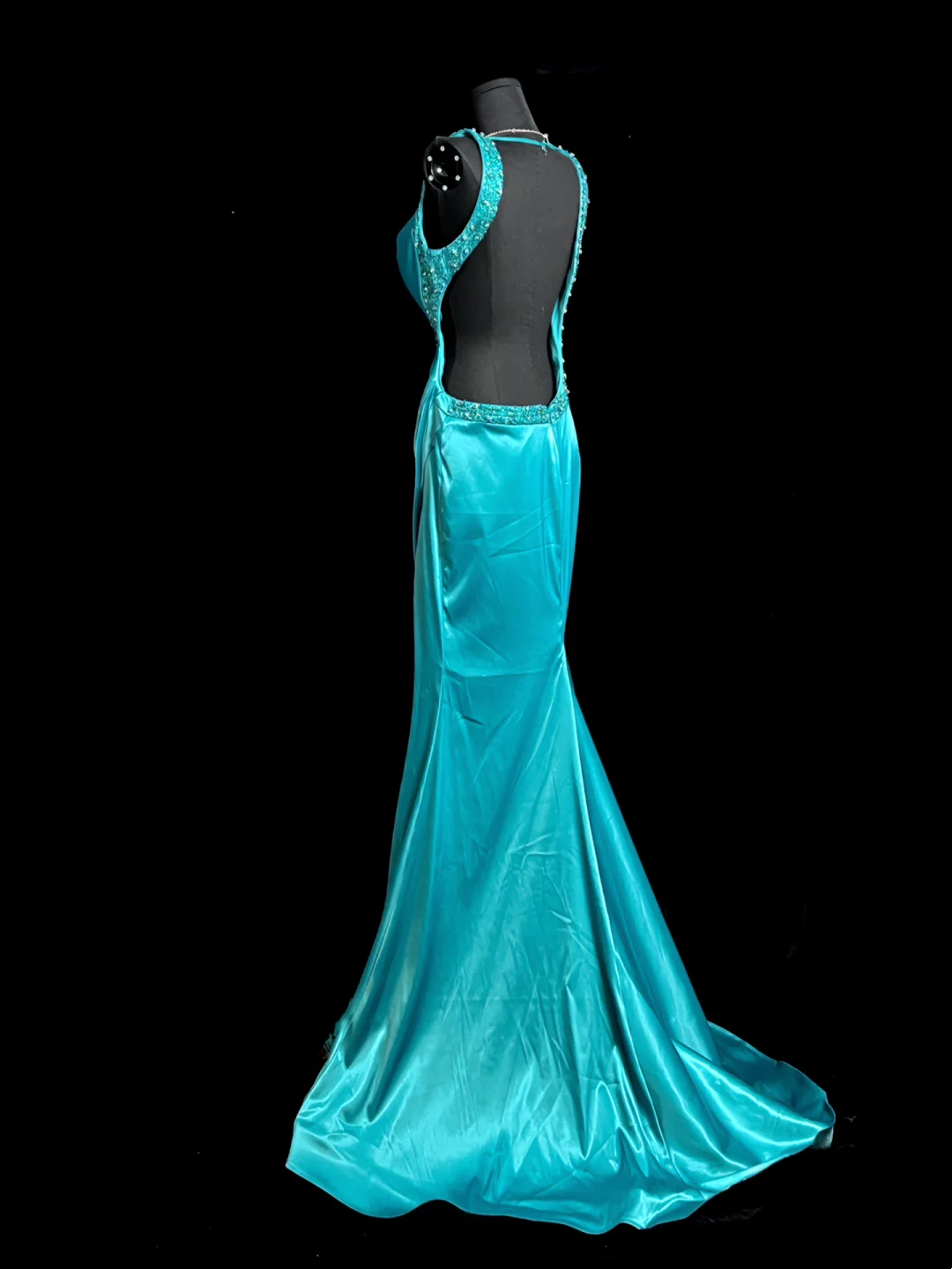 Turquoise Mermaid Satin Prom Dress Open Back Evening Dress J10159