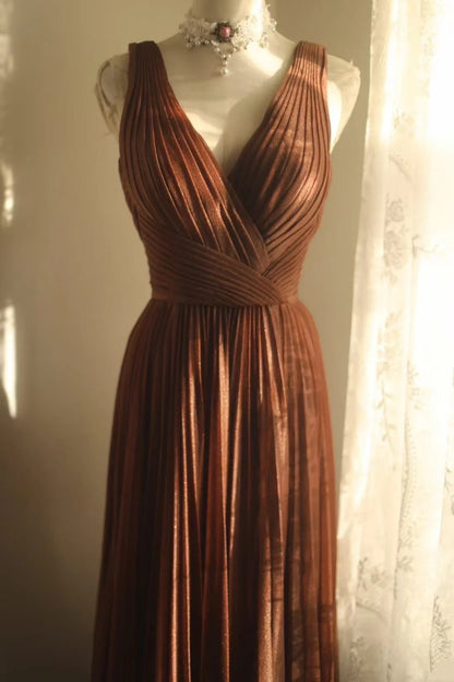 V Neck A Line Brown Formal Dress Pleaded Evening Gown J10167