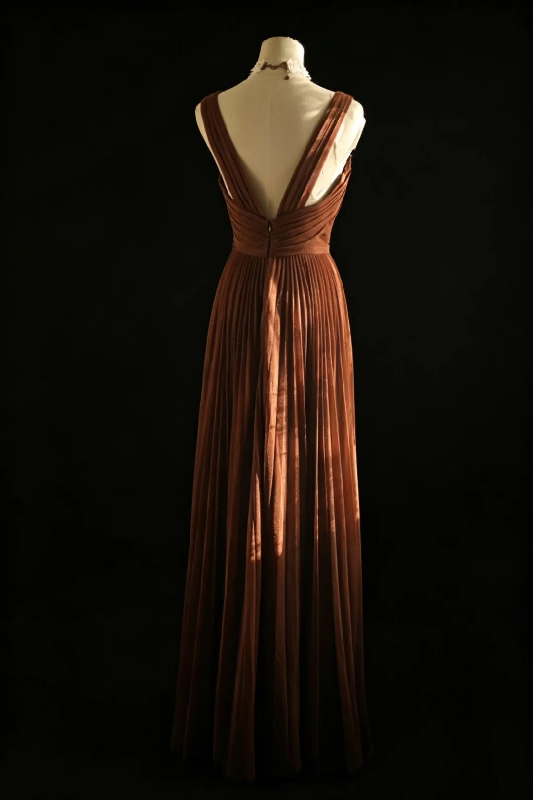 V Neck A Line Brown Formal Dress Pleaded Evening Gown J10167