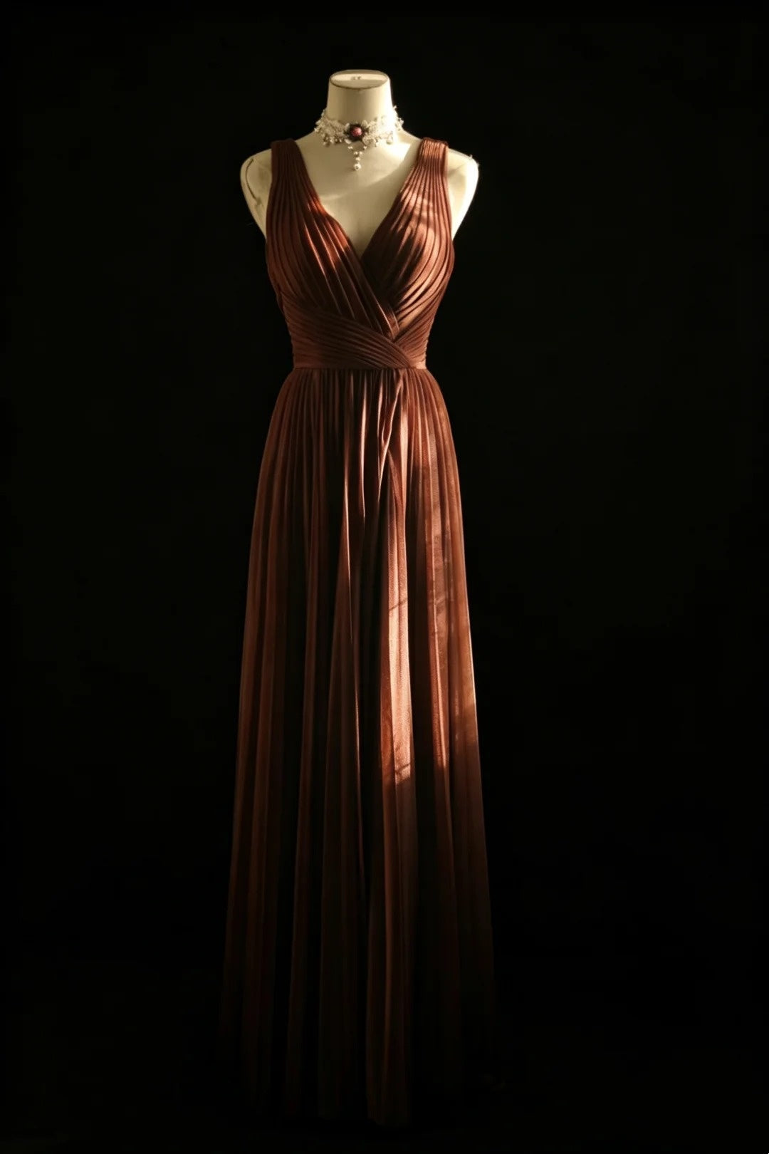 V Neck A Line Brown Formal Dress Pleaded Evening Gown J10167