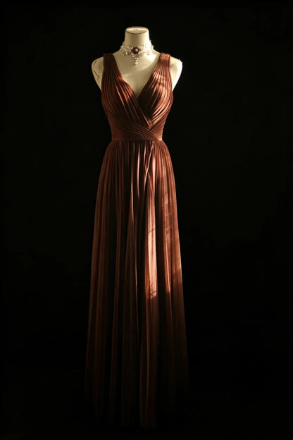 V Neck A Line Brown Formal Dress Pleaded Evening Gown J10167