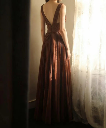 V Neck A Line Brown Formal Dress Pleaded Evening Gown J10167