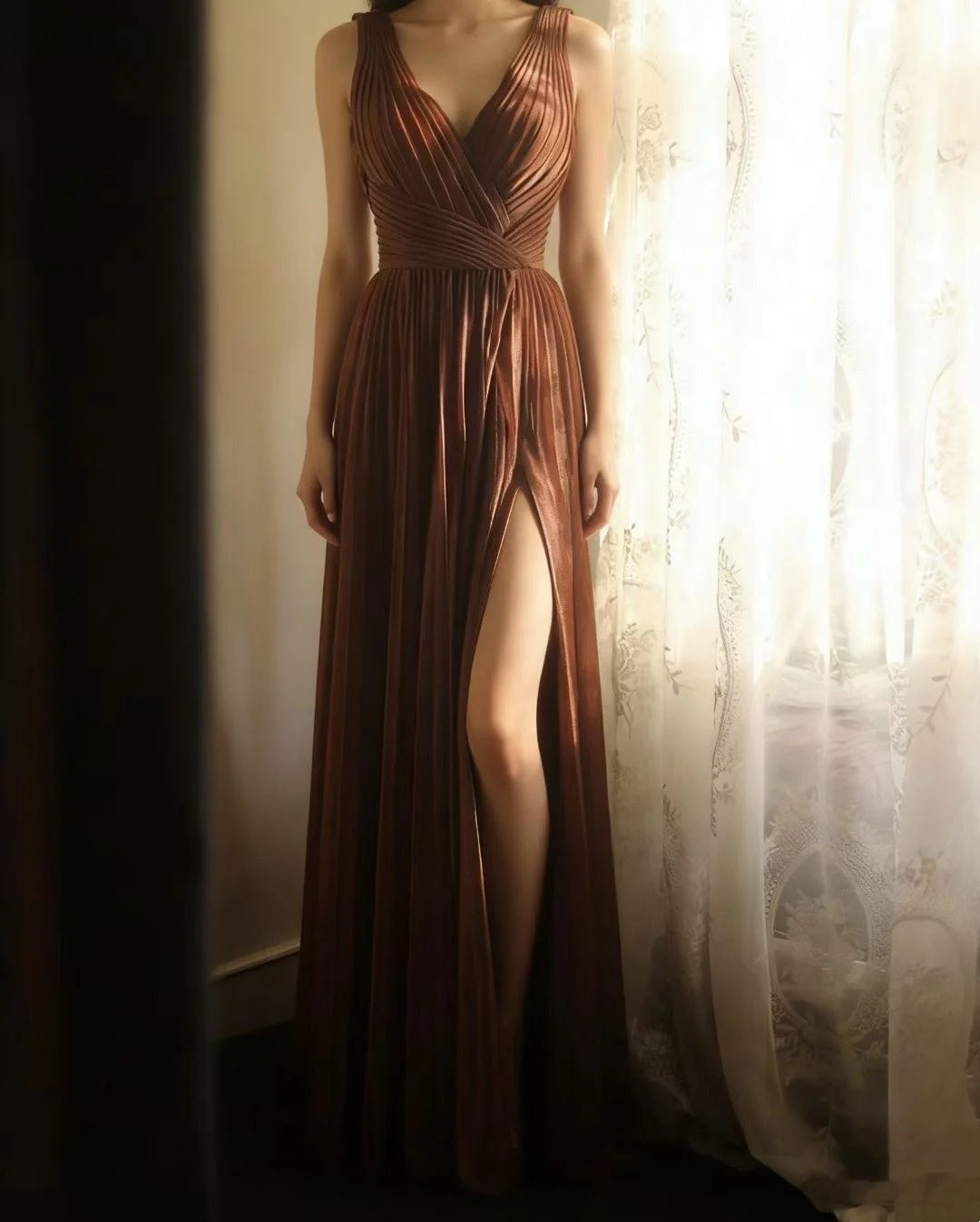 V Neck A Line Brown Formal Dress Pleaded Evening Gown J10167