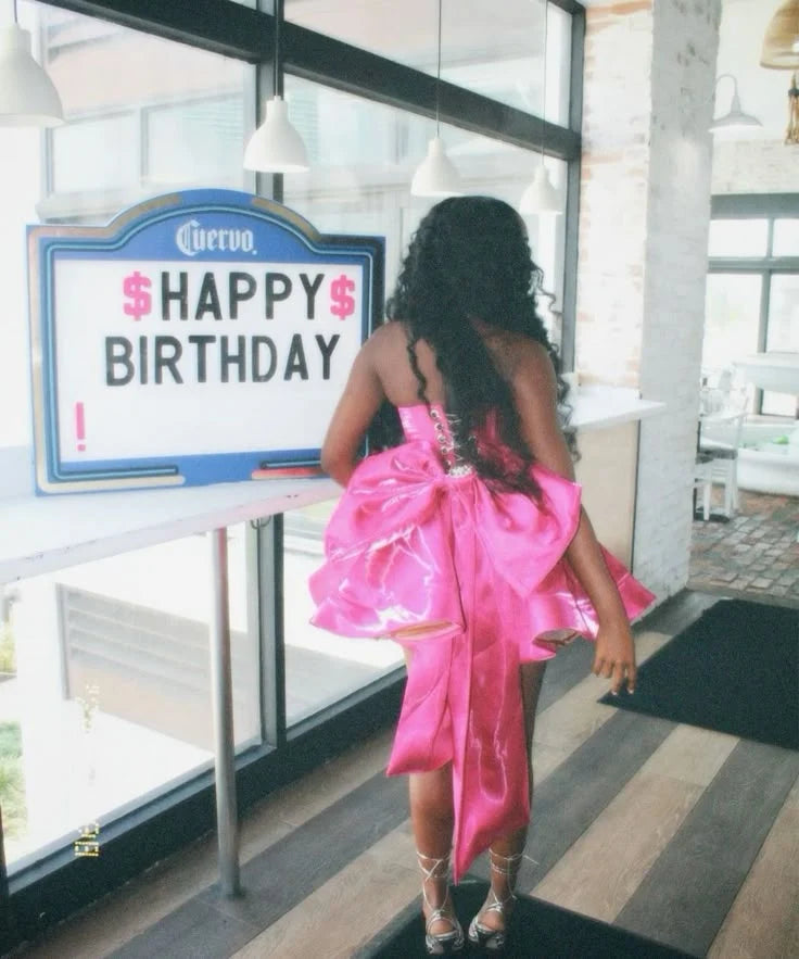 V Neck A Line Pink Birthday Dress With Bow Knot  J11520
