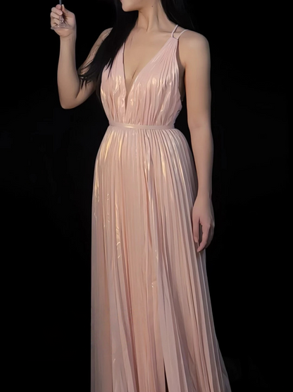 V Neck A Line Pink Pleated Formal Prom Dress  J10140