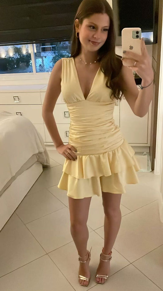 V Neck A Line Yellow Satin Homecoming Dress  J11099