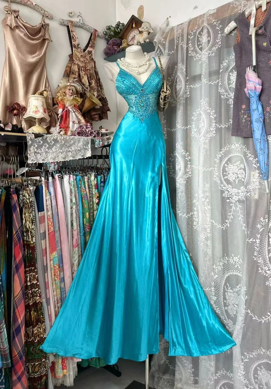 V Neck Beaded Retro Prom Dress With Slit Mermaid Evening Gown  J10511