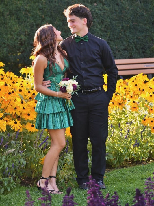 V Neck Beaded Satin Green Layered Homecoming Dress  J11769