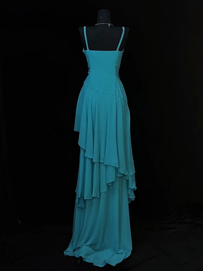 V Neck Blue Chiffon Prom Dress Formal Weeding Guest Dress J10142