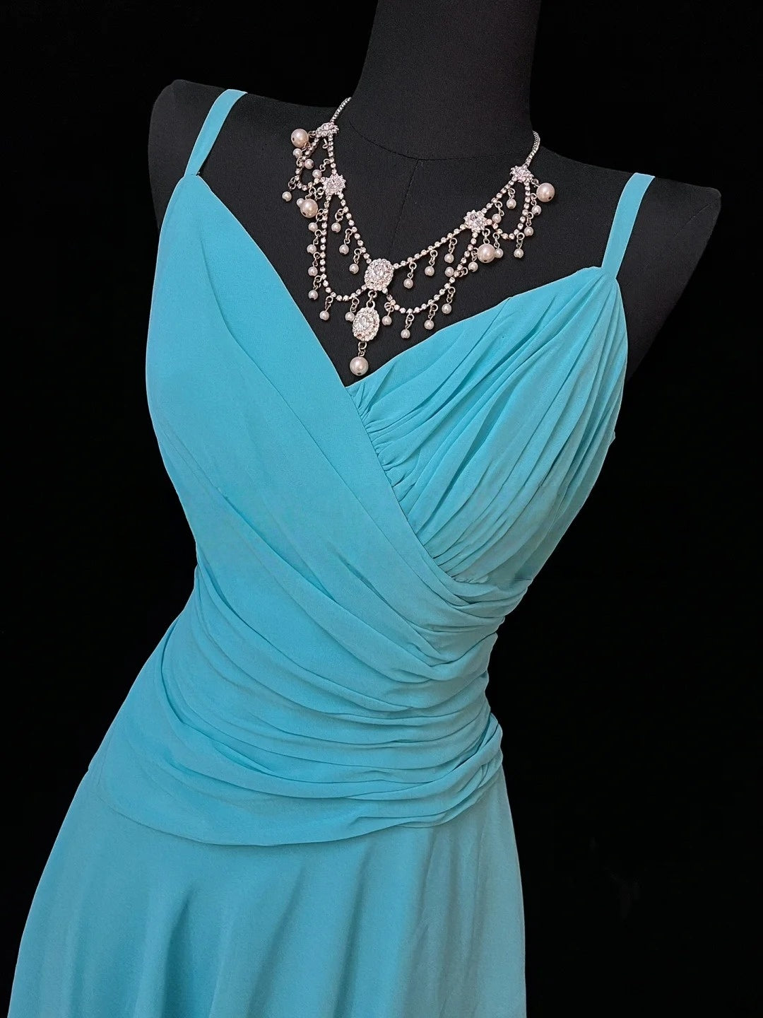 V Neck Blue Chiffon Prom Dress Formal Weeding Guest Dress J10142